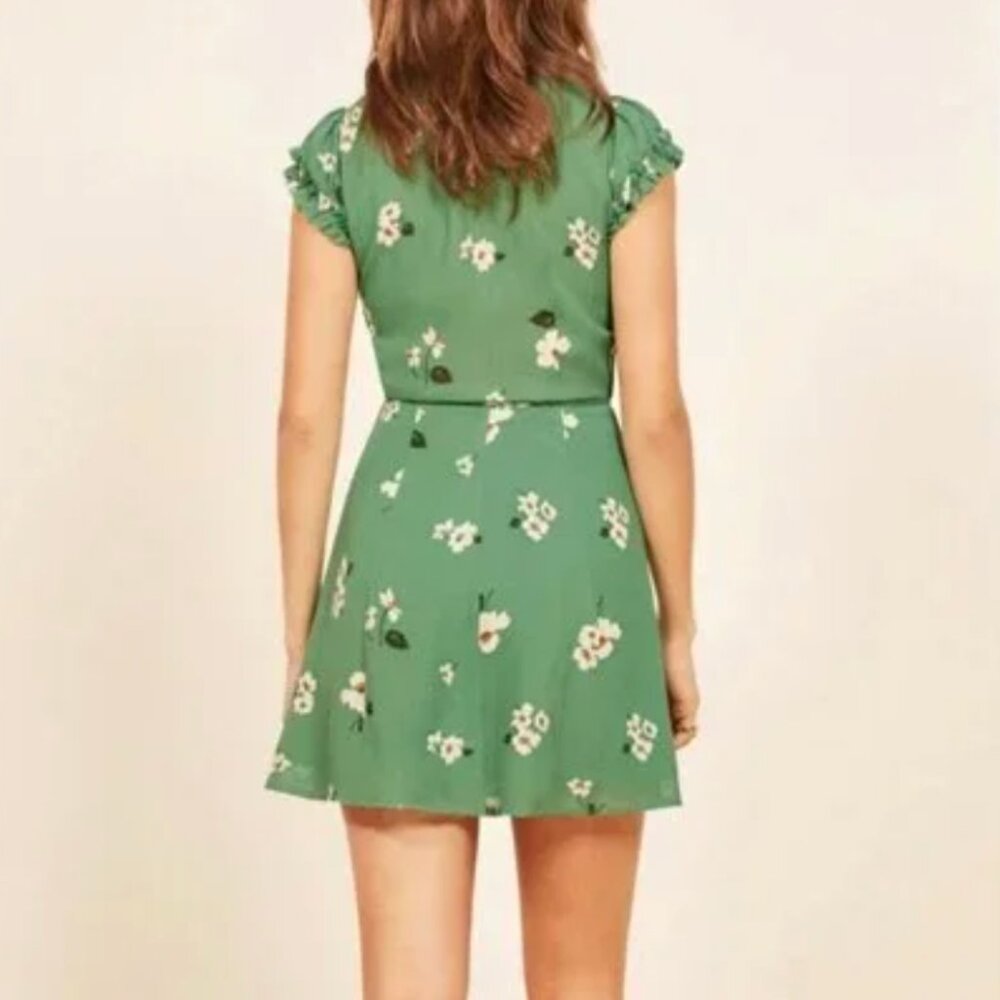 REFORMATION Lola Dress Floral Ruffle Mini V-Neck Wrap Short Sleeve Green M - Picture 3 of 8